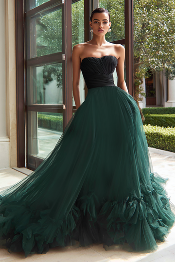 Black and Green Tulle A Line Strapless Long Formal Dress